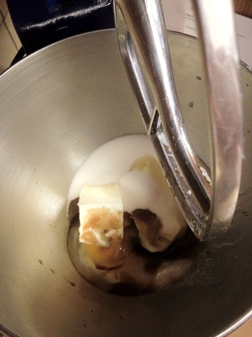 Cream butter, shortening, sugar, egg and vanilla.