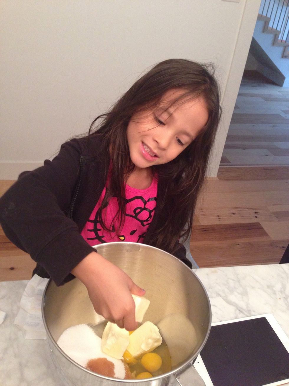 Cream butter, sugar, eggs, vanilla