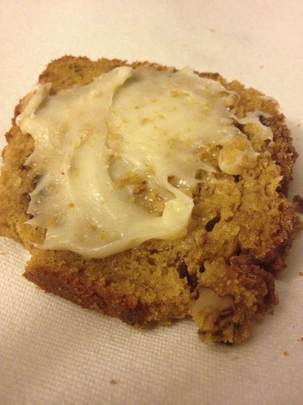 Cream cheese frostingl: 1/2 cup powdered sugar(just blend granulated sugar in a blender if you don't have any) 4 oz cream cheese 2 tbsp butter 1/4 tsp vanilla Mix thoroughly