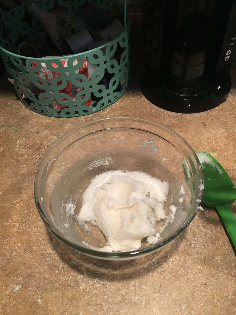 Cream shortening and sugar until smooth.
