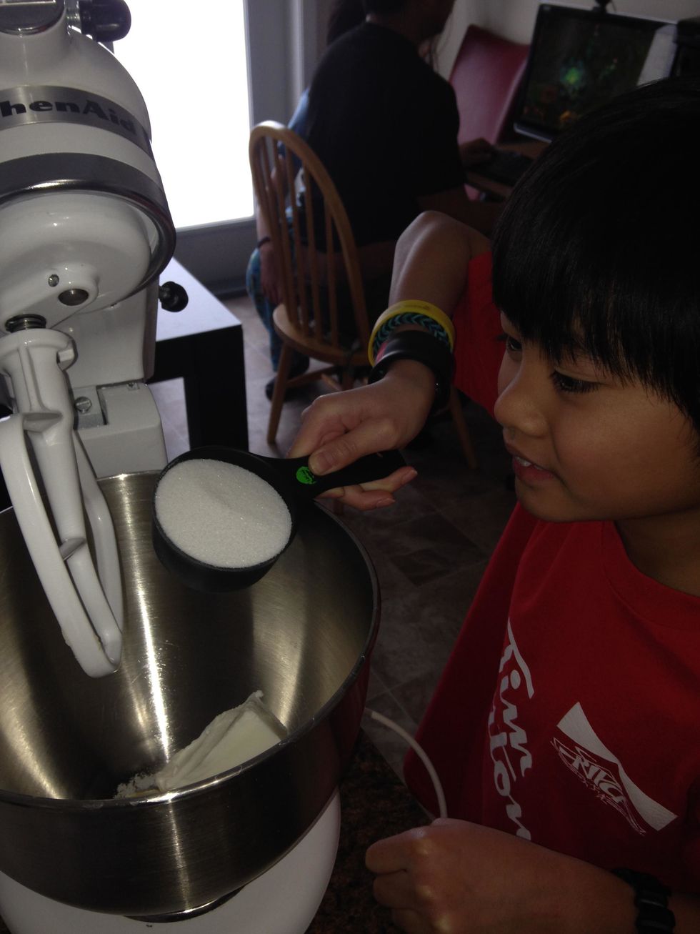 Cream shortening and sugars in a mixer for 10 minutes