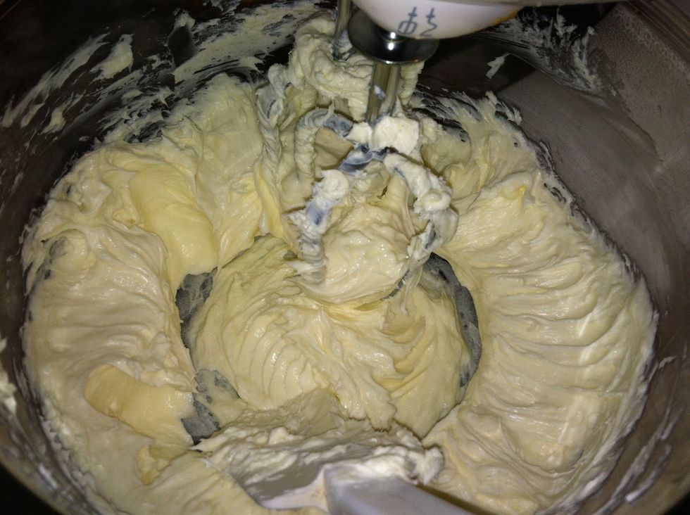 Cream soft cream cheese & sugar together. I use a counter top blender but a hand mixer is fine too.