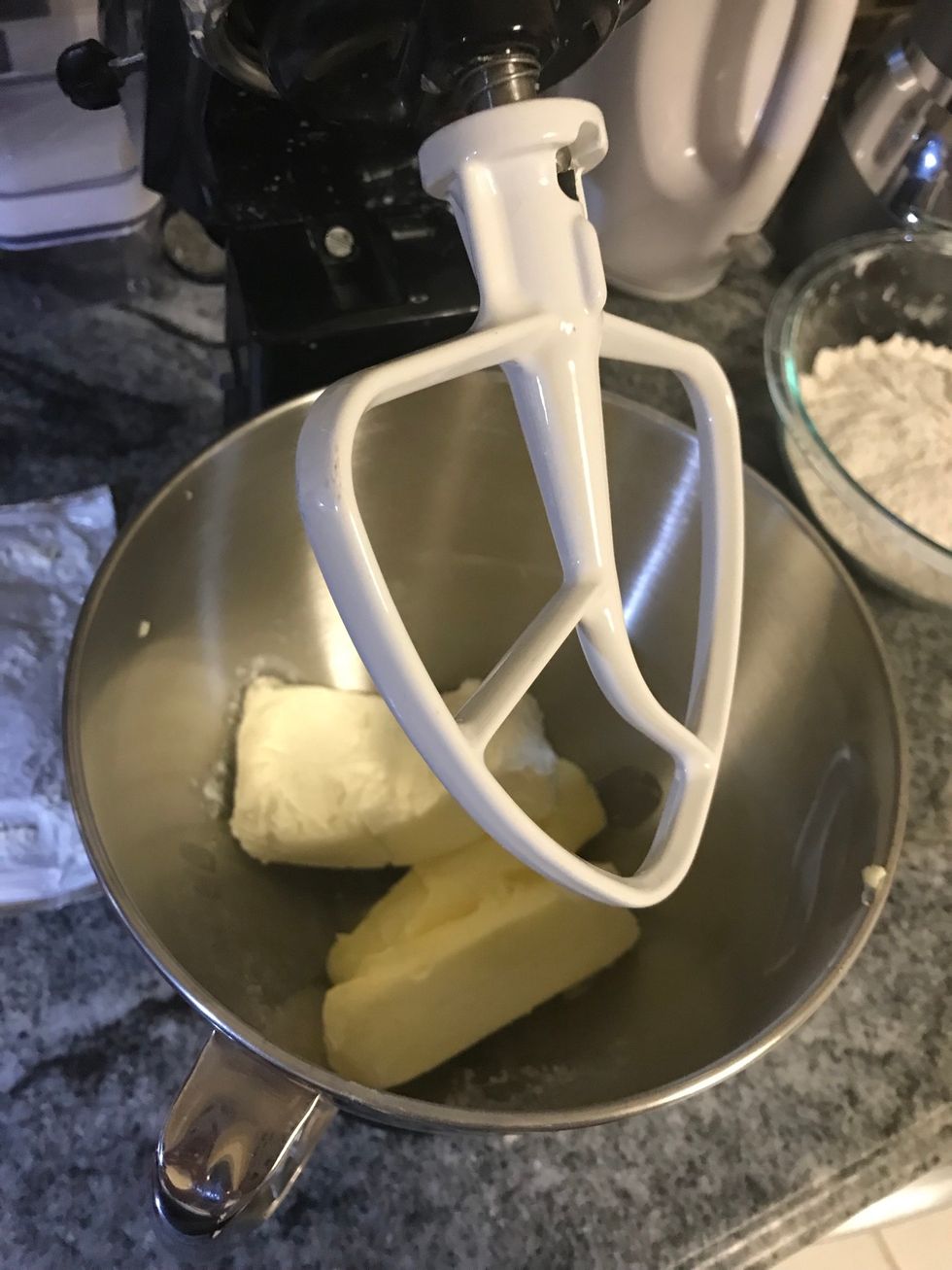 Cream the butter and cream cheese with the paddle attachment until smooth.
