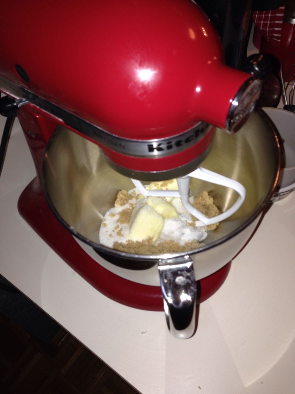 Cream the butter, coconut oil and sugars together.