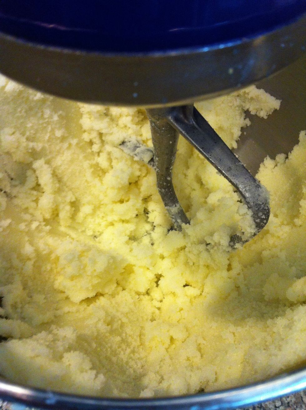 Cream the softened butter and sugar in an electric mixer with paddle attachment.