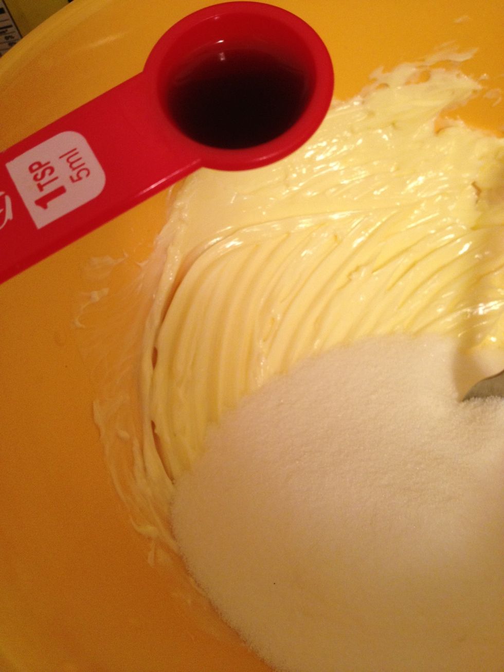 Cream together vanilla, brown suger, white suger