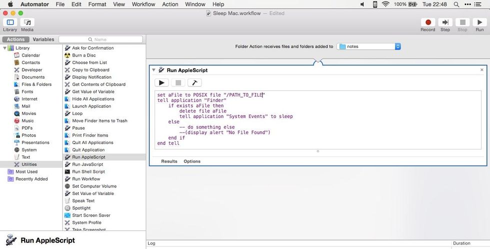 Create a folder action with Automator, using AppleScript.