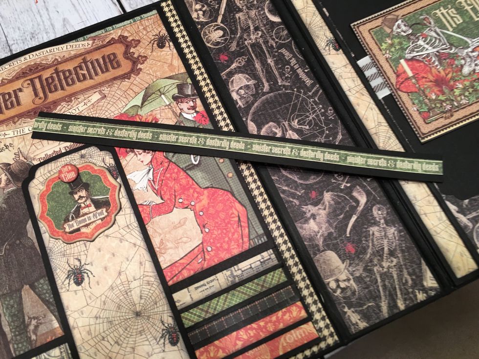 Create a fun element by adding a slider into the 2 1/2" spine area.  Cut card stock 10 1/2" long x 3/4" wide.  Cut and adhere a strip of patterned paper.