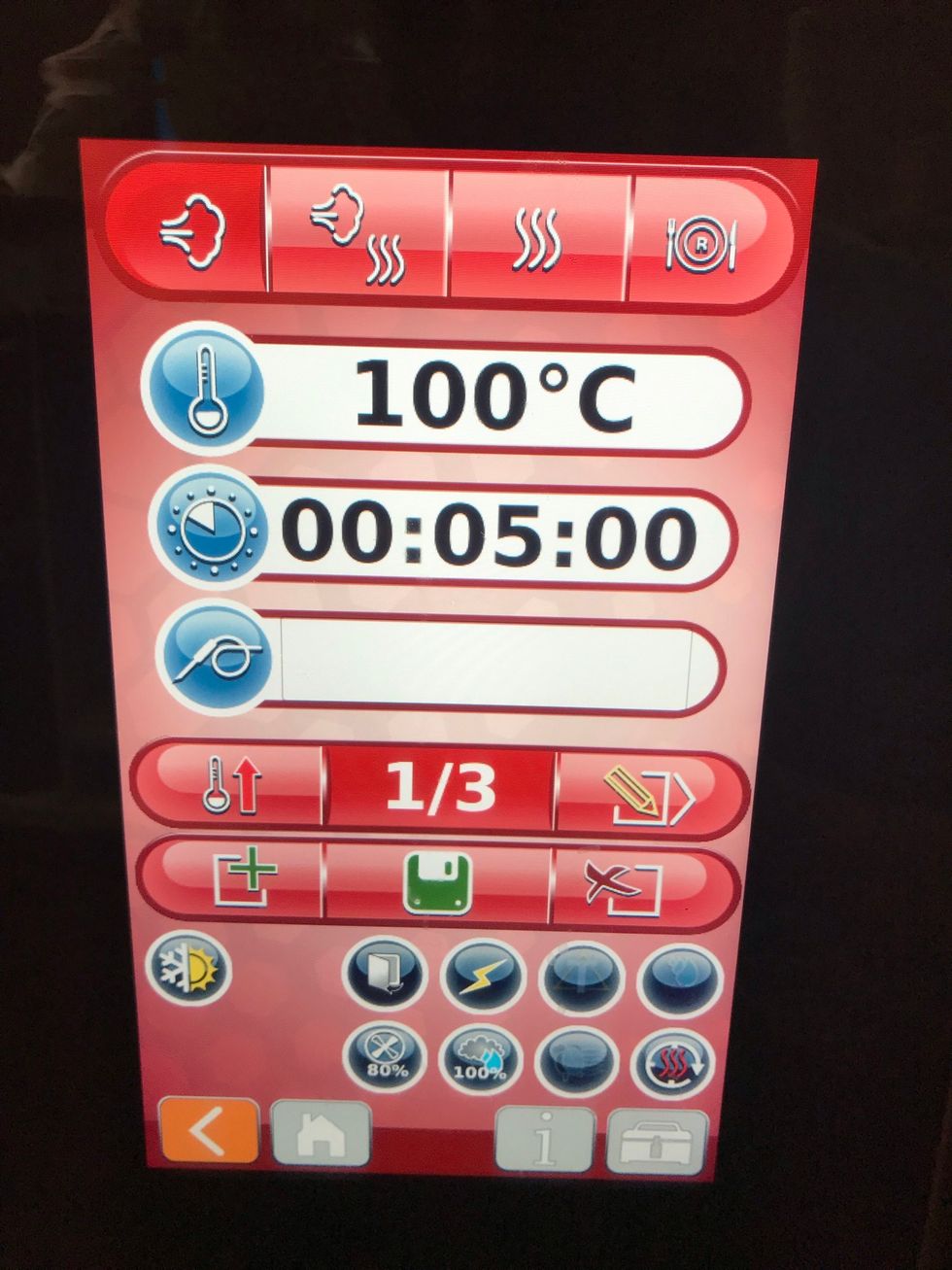 Create a program- Step 1: Steam 212F 80% fan for 5 minutes. (Larger pork belly pieces will be 10 minutes.) Remove pork belly from oven after step 1.