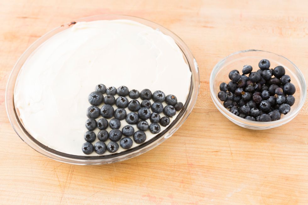 Create a small corner with blueberries and fill to create your American flag stars.