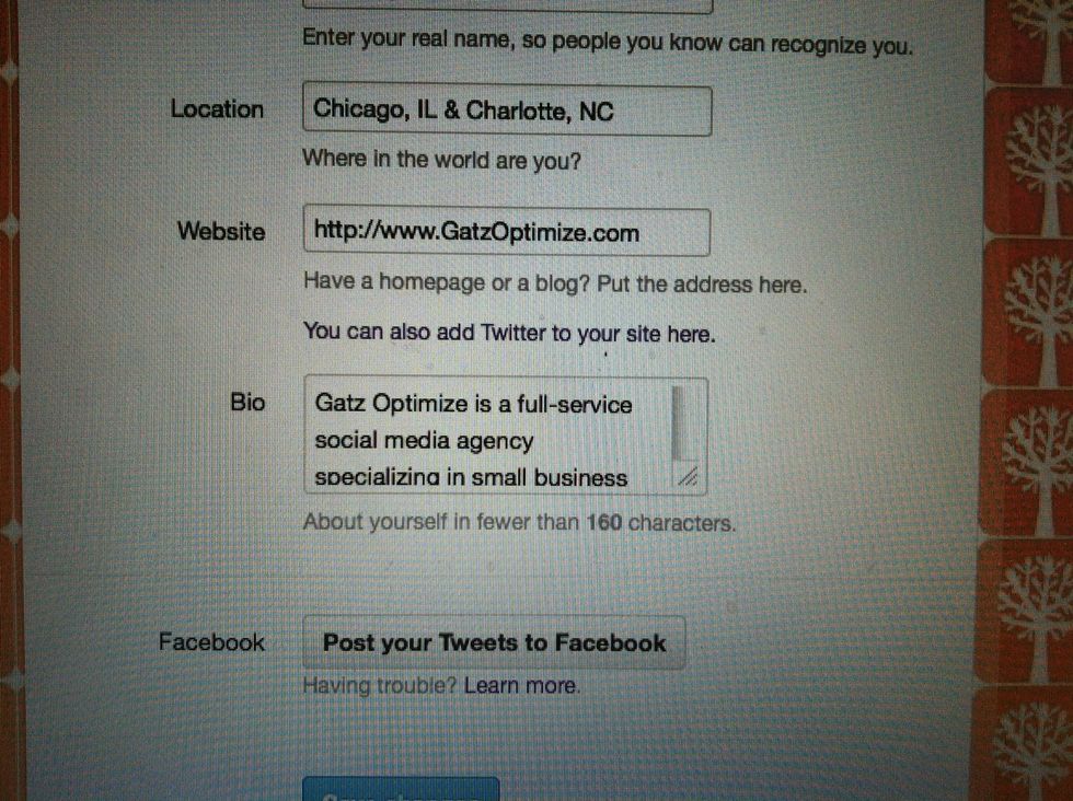 Create a Twitter Bio - Add an interesting & engaging bio to your Twitter profile, just below your picture on the "Edit your profile" page. There's a 160 character limit so choose your words carefully.