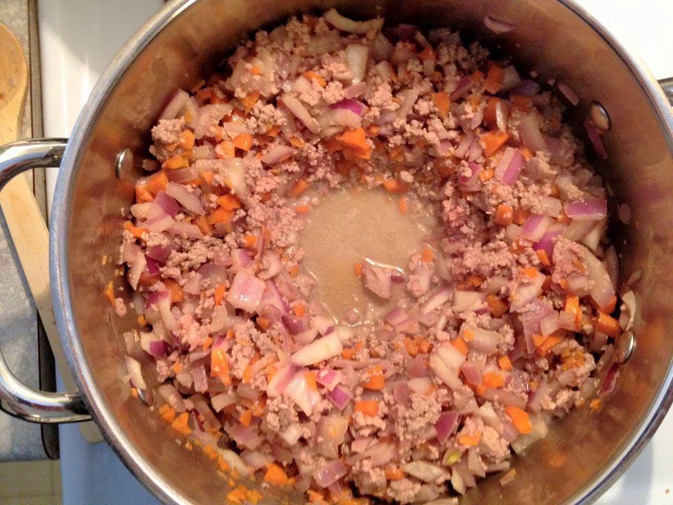 Create a well in the center of the meat/veggies.
