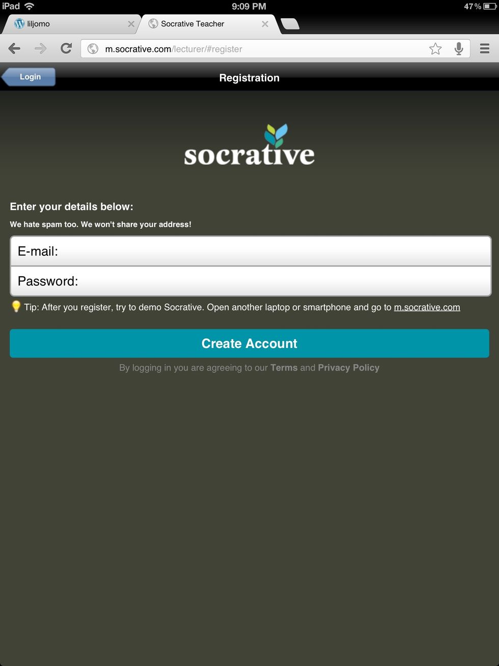 Create an account screen.