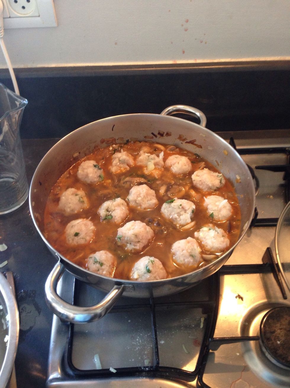 Create golf ball size meatball from the chicken mix and set in the sauce