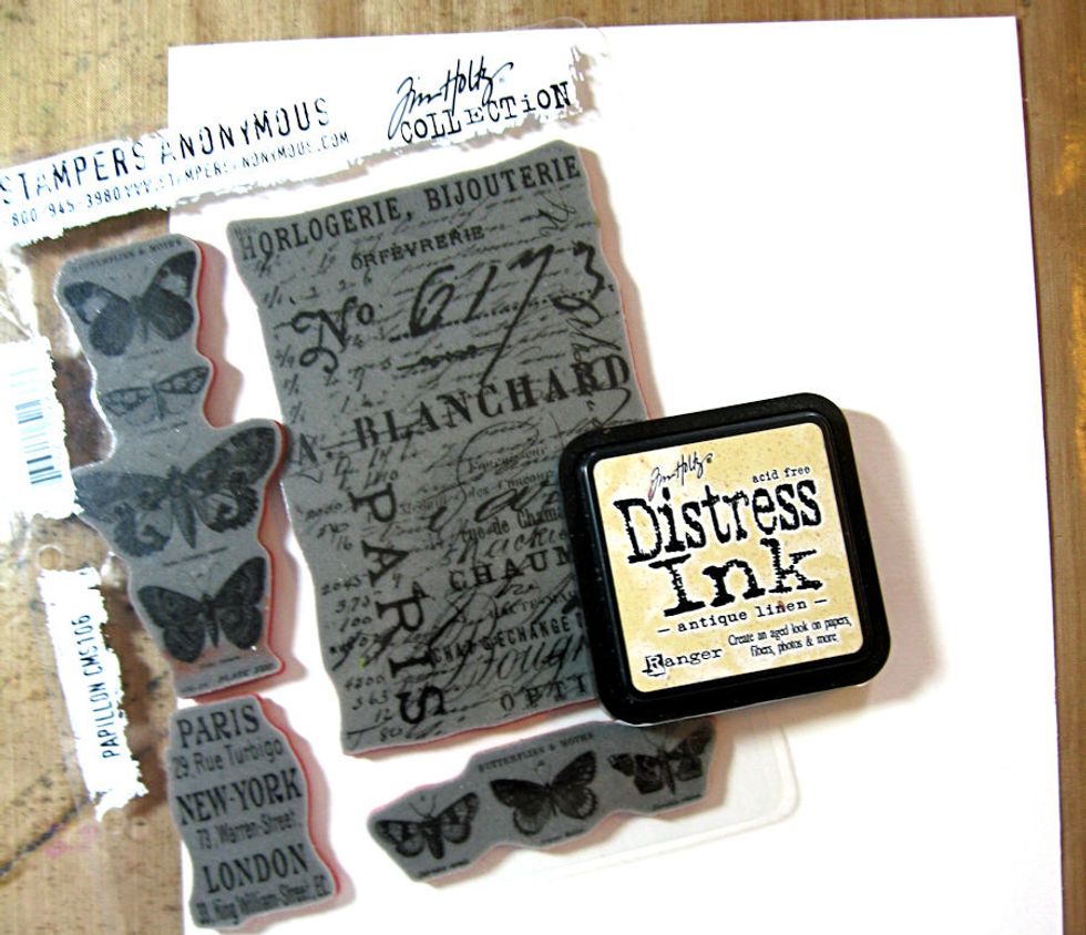 Create master board from 8.5" 11" watercolor paper and inks.  Stamp the French Script from Papillon onto the smooth side of paper using Antique Linen Distress Ink. Click on photos for larger picture.