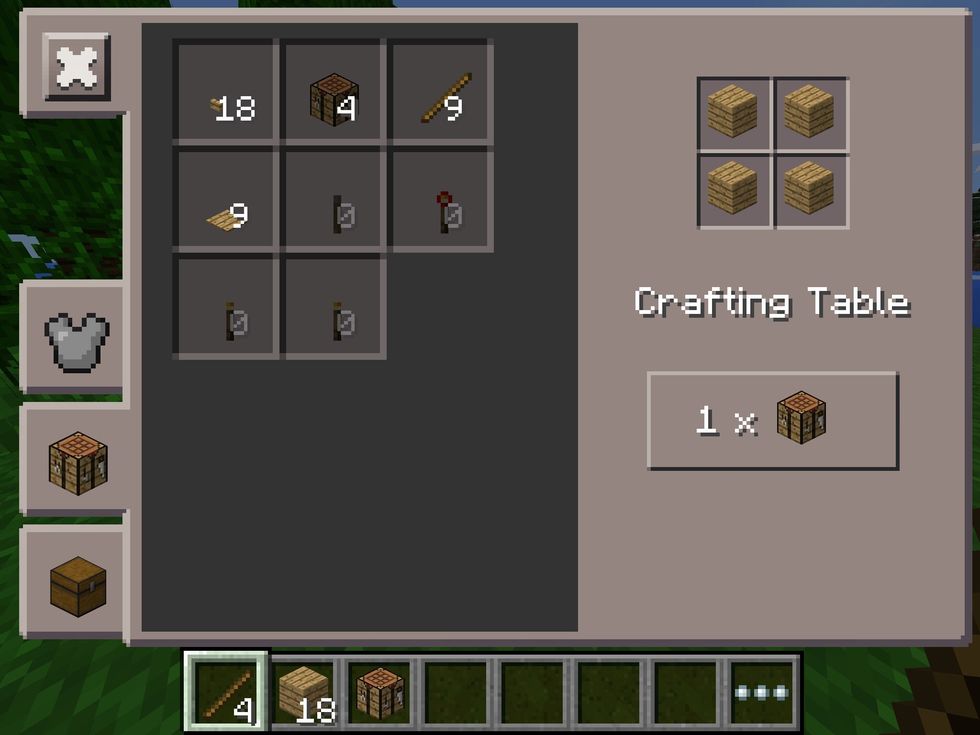 Create planks, a crafting table, sticks and a wooden pick axe.