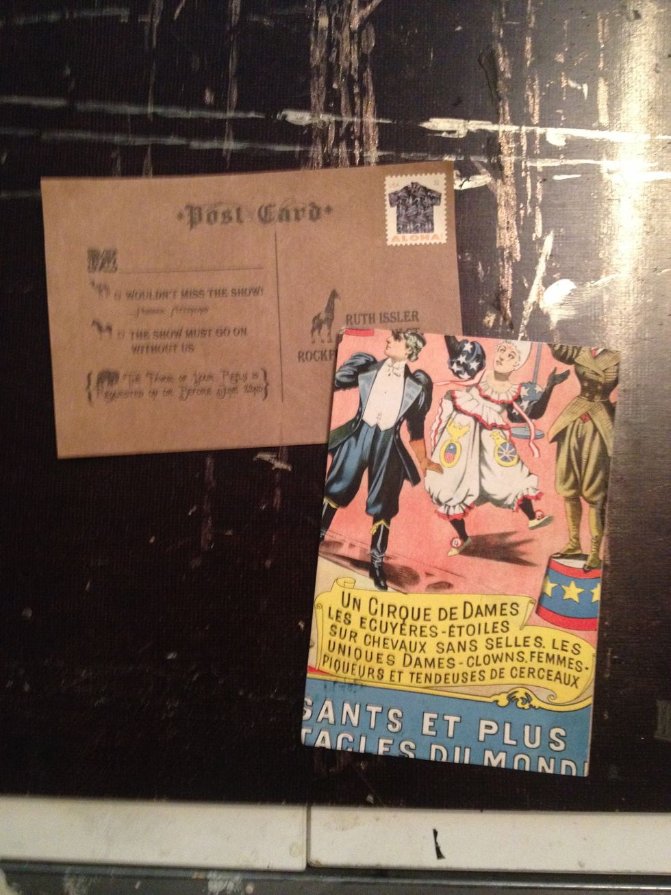 Create RSVP postcards and information cards in Word and print them on paper grocery bags cut to size. Use the circus posters as the postcard image.