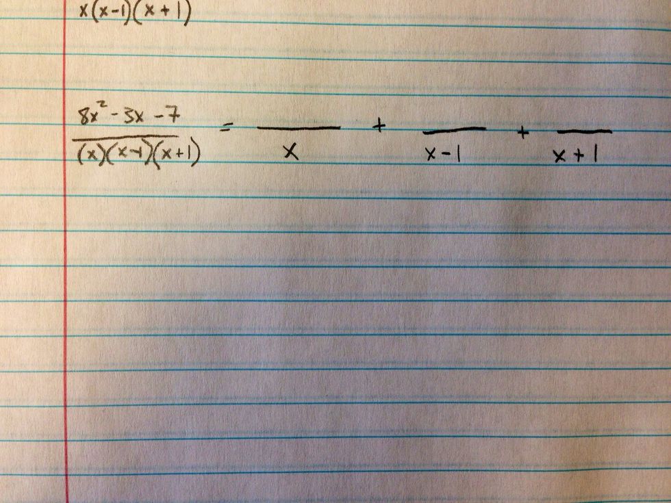 Create the proper layout by creating a separate denominator with each linear factor. These will be added together as seen with the + signs.