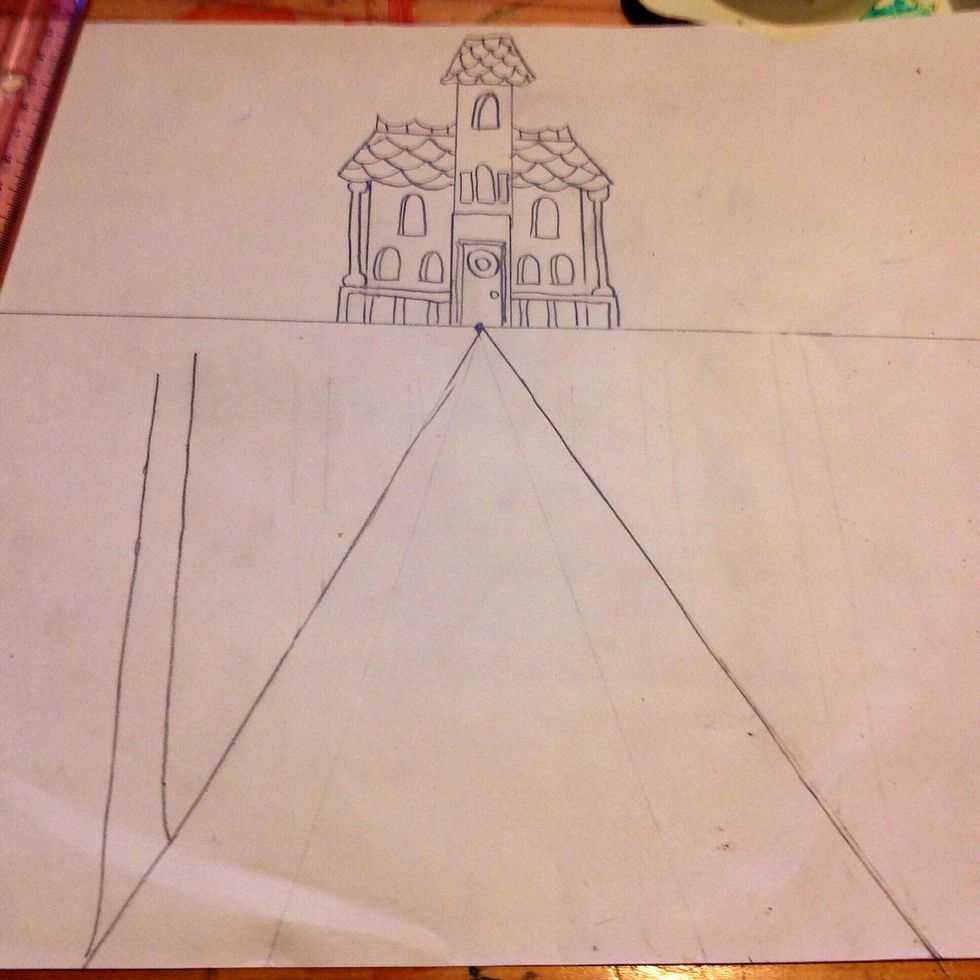 Create two vertical lines (these will become trees) starting near the bottom of the paper and going up near the horizon line