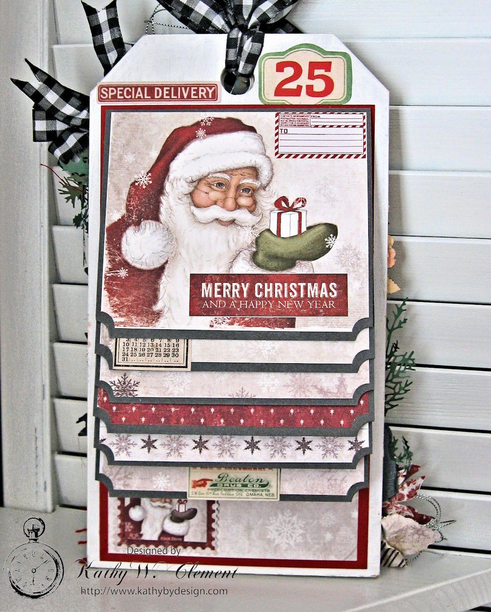 Create waterfall feature on reverse side of tag. Cut 4.75" squares of black cardstock. Use corner punch to create decorative corner. Score at 1/2". Fold to form flap. Attach flap with Scor-tape.