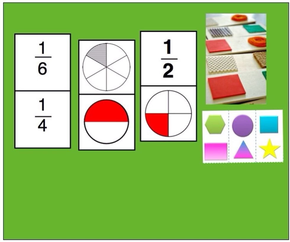 Create your own dominoes to practice matching skills of all levels: shapes, colors, textures, equivalent fractions, etc.