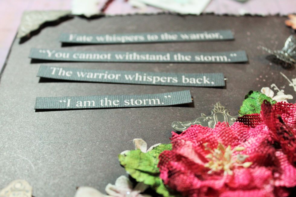 Create your saying on your computer. Reverse the font color so it is white and the background is black. Print on colored cardstock and cut into word strips to adhere to your canvas.