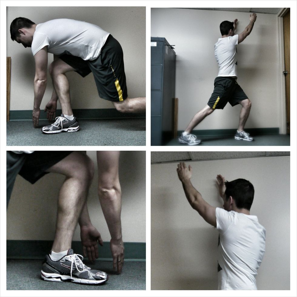 Crouch down twisting over your bent knee to the outside of your body then stand and twist, reaching high above your opposite shoulder. Contract your stomach muscles at all times. 30 seconds per side