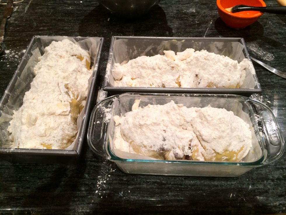 Crumble 1/3 of the streusel topping over each loaf.