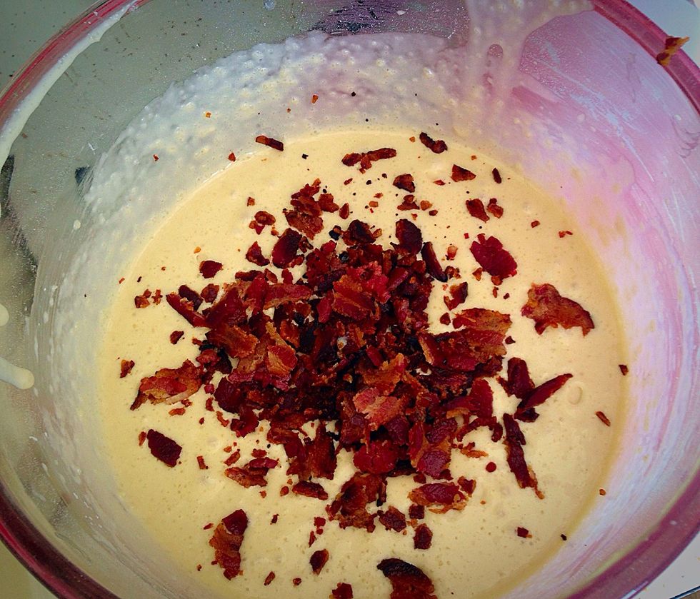 Crumble and fold in bacon into batter