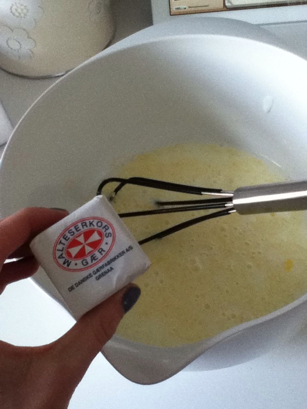 Crumble the 50grams of yeast into the ball and make sure that there isn't any yeast left.
