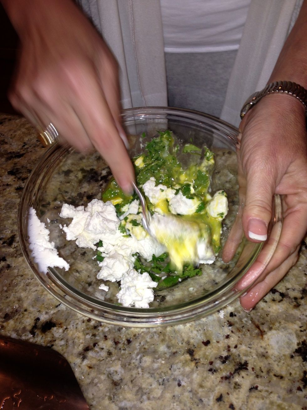 Crumble the goat cheese and mix in the jack cheese, pur\u00e9ed jalape\u00f1o.