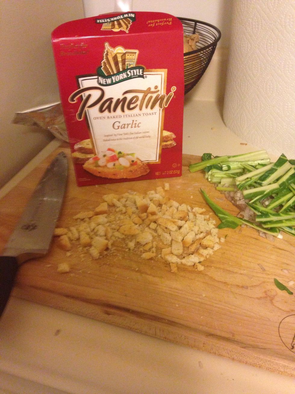 Crunch up fresh breadcrumbs (or croutons), I used these cause I had them lying around.