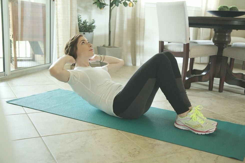 Crunches: Complete as many crunches as possible in 1 minute. Be sure to keep eyes on the ceiling and stress off the neck and lower back. The abs should be doing all the work.