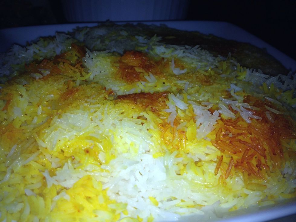 Crunchy goodness. The rice can stay plated like this in a warm oven for 20 minutes or so. The kababs and tadiq should be started around the same time to have everything ready together.