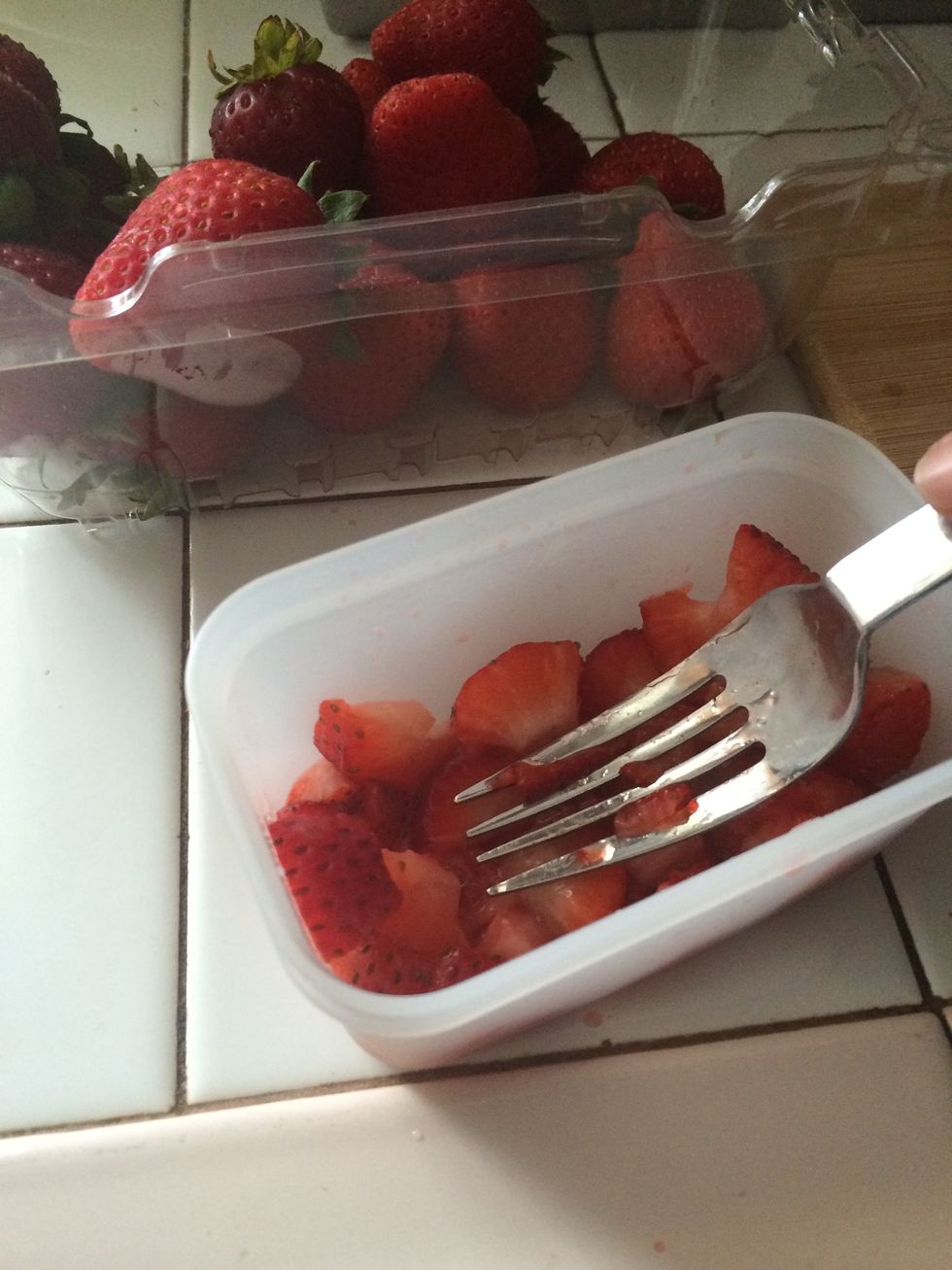 Crush about a third, add a few teaspoons of sugar depending on how sweet you prefer