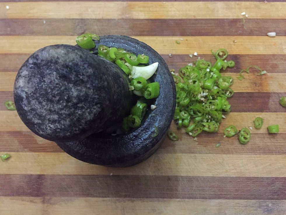 Crush chilli and garlic in to paste. Add butter (at room temp) and mix throughly with the paste