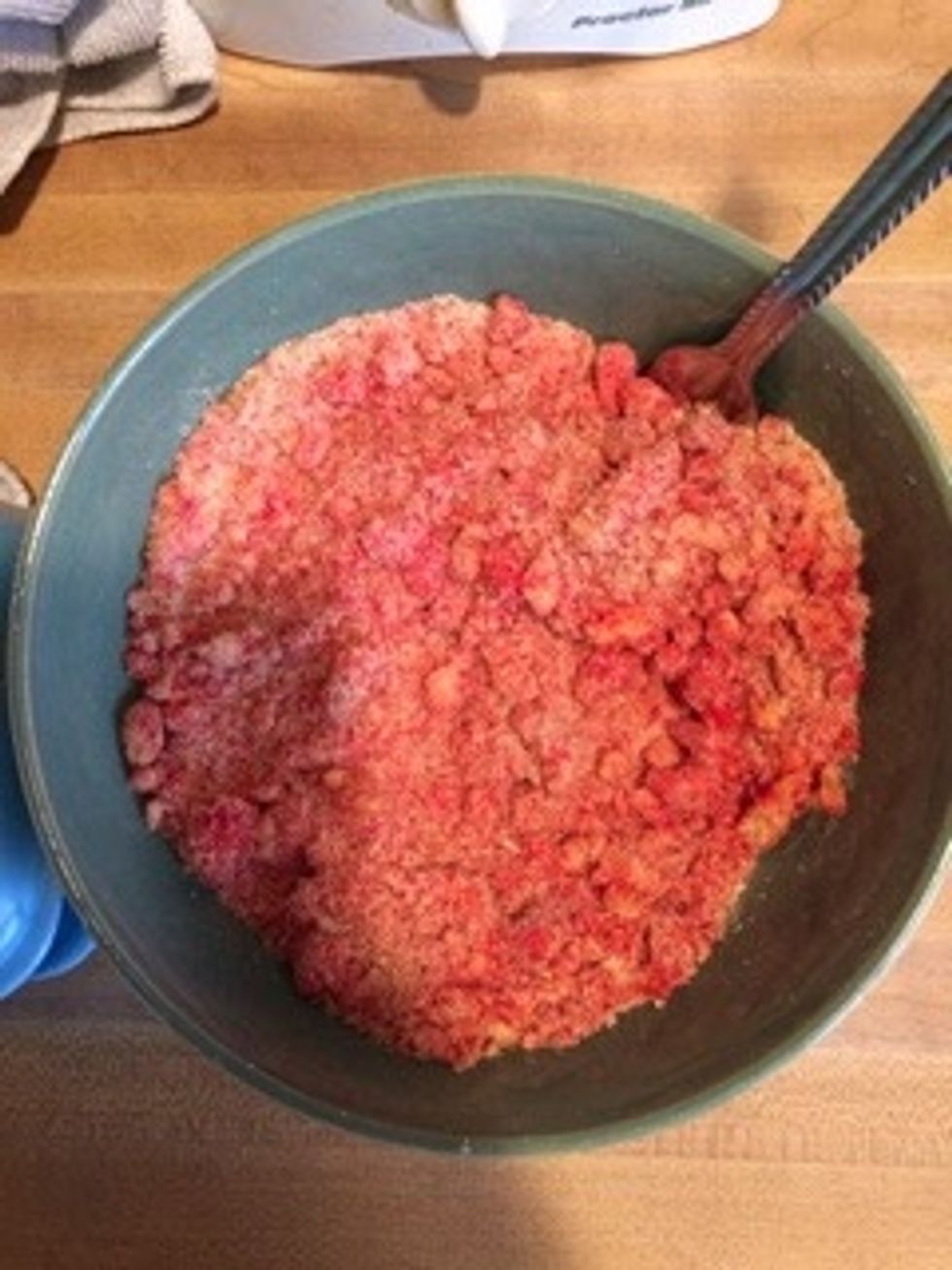 Crush hot Cheetos  1 cup of bread crumbs  1 cup of blended hot Cheetos