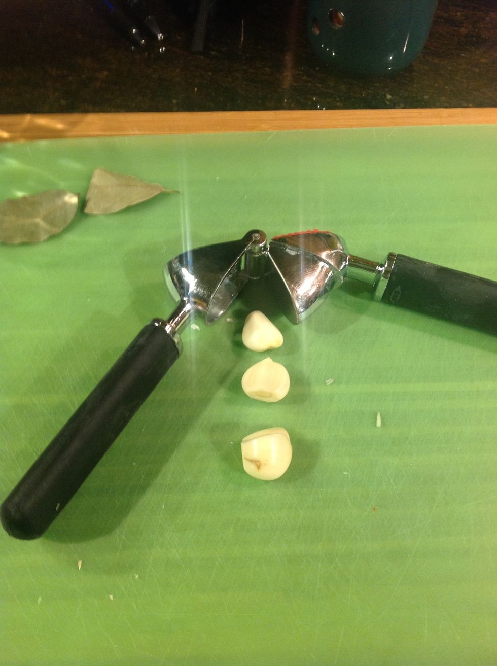 Crush or chop garlic into meat & onion saut\u00e9 1 min. Add tomatoes w/ juice & water medium heat.