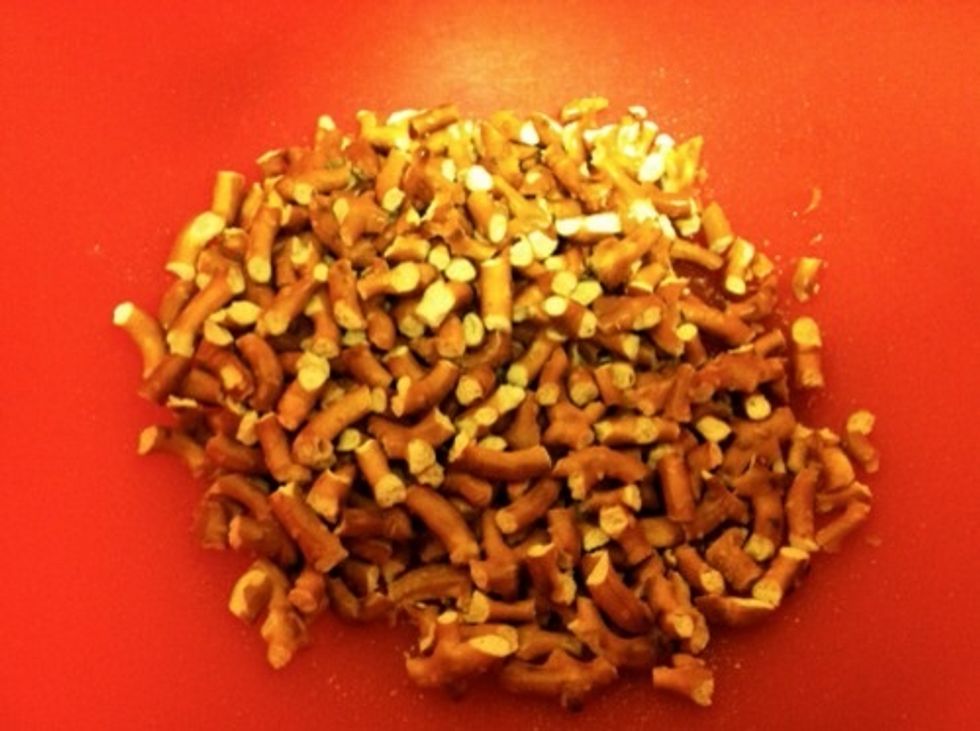 Crush pretzels in food processor (or with your hands. Whatever).