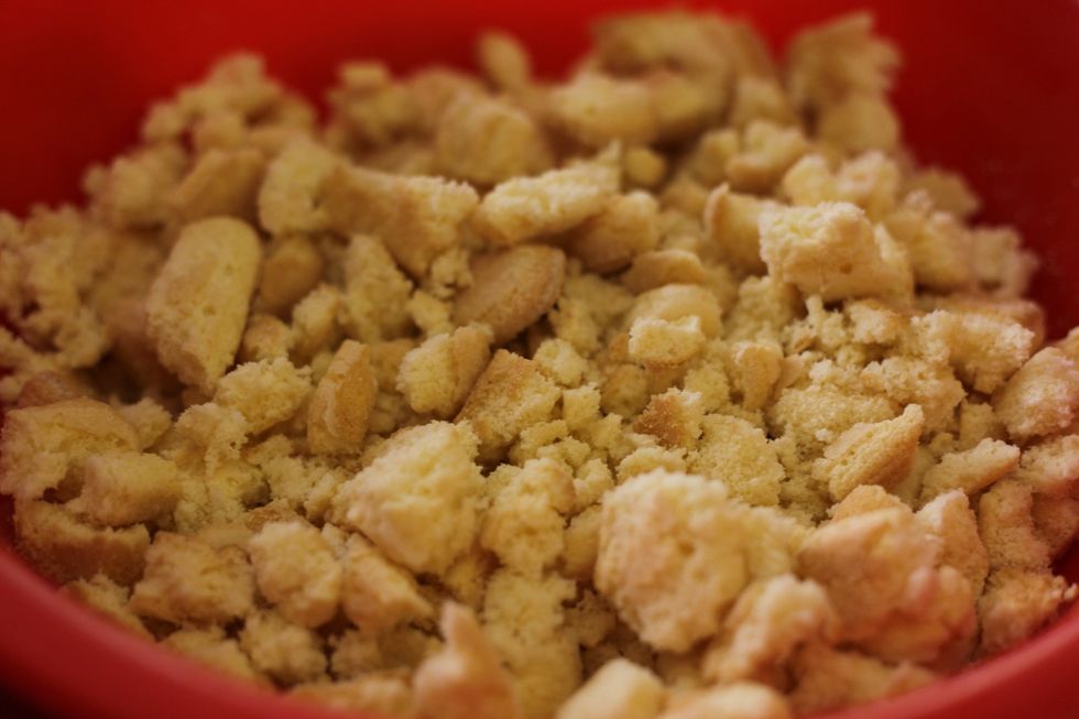 Crush the sponge fingers with your own fingers. They can be chunky or small and again it's up to you. But, please not a fine powdery mess. :)