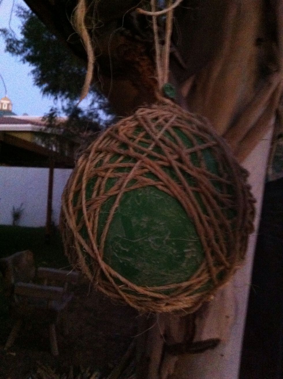 Cuando se haya envuelto varias vueltas, hacer un nudo arriba del globo y dejar secar colgado al aire libre. (La foto es de otro nido). / When finish several rounds, make a knot and hang to dry.