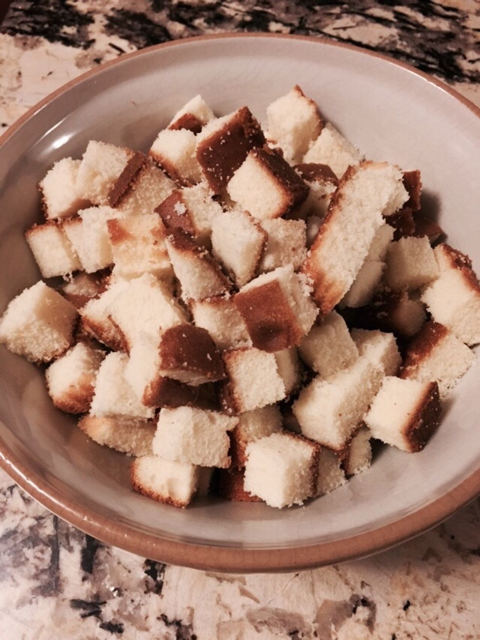 Cube 2-10oz pound cakes into 1" squares