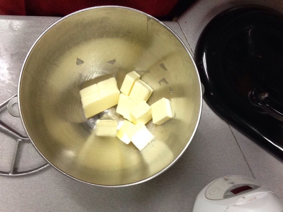 Cube 2 sticks of butter and blend 2 cups flour with this until crumbly. It's important that butter is chilled. If your butter is soft your dough will break apart.