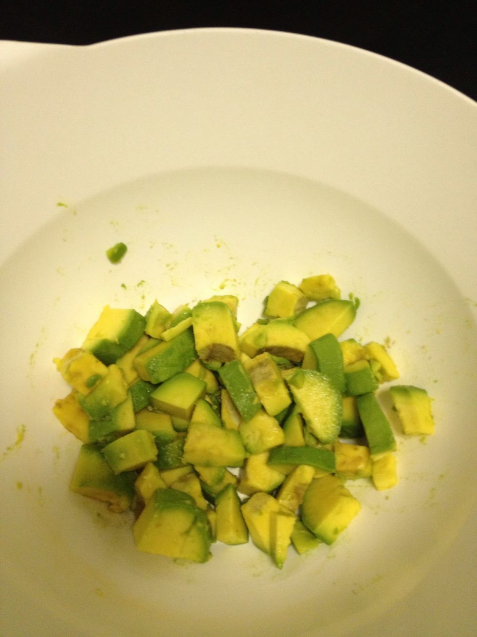 Cube avocado and put into a mixing bowl
