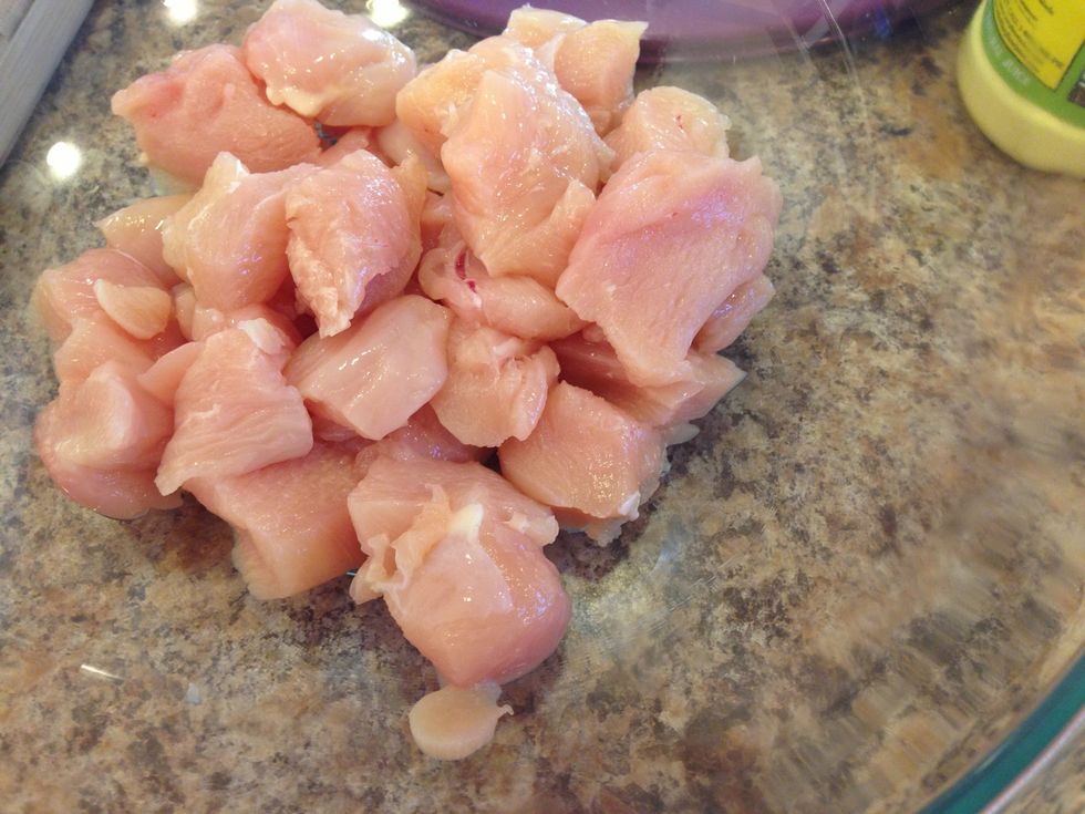 Cube the chicken into bite size pieces.
