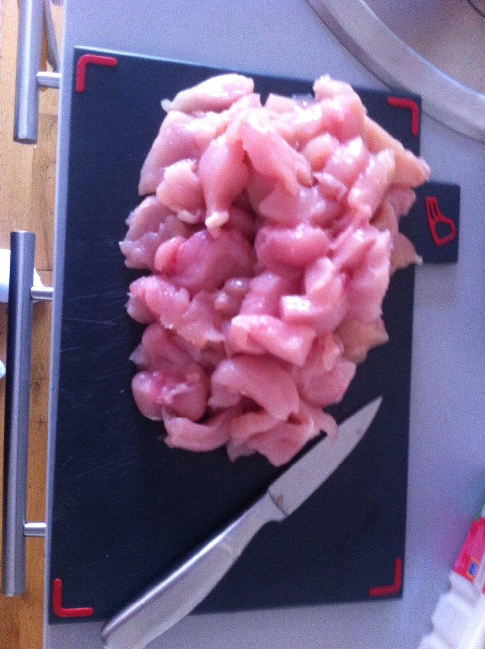 Cube your chicken. I used 4 large breasts for 5 people.