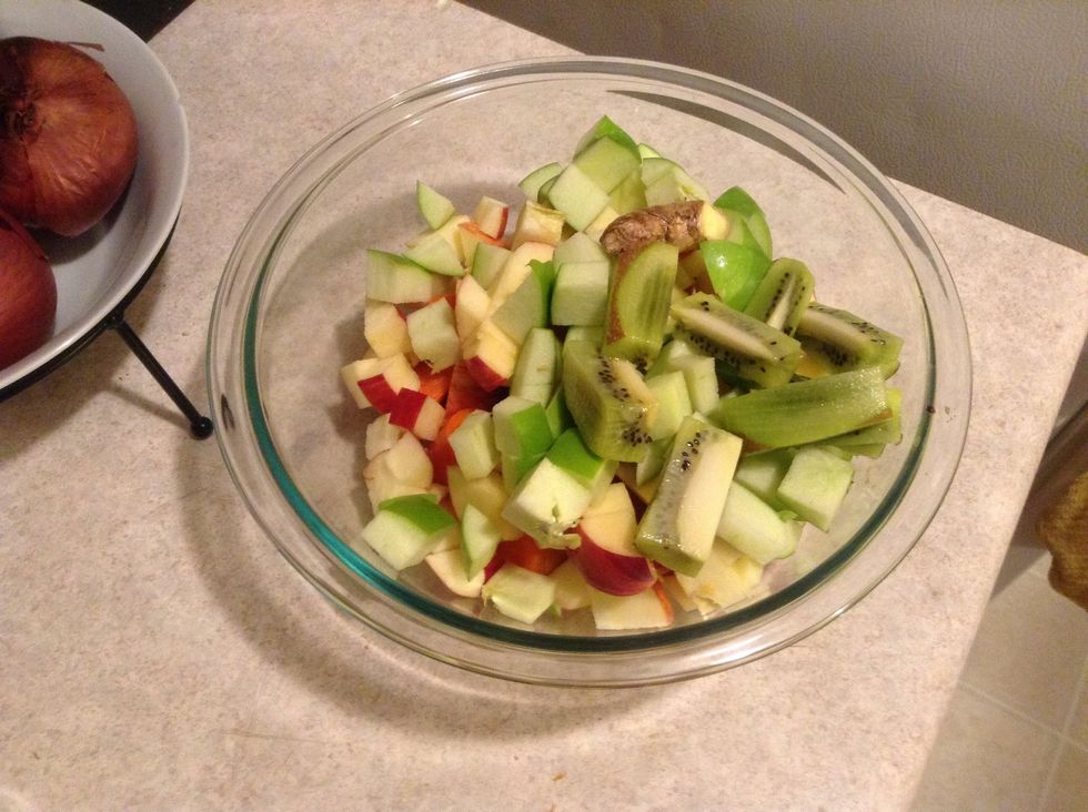 Cube your kiwis. Chop off most of the rind but don't worry about wee bits of it.