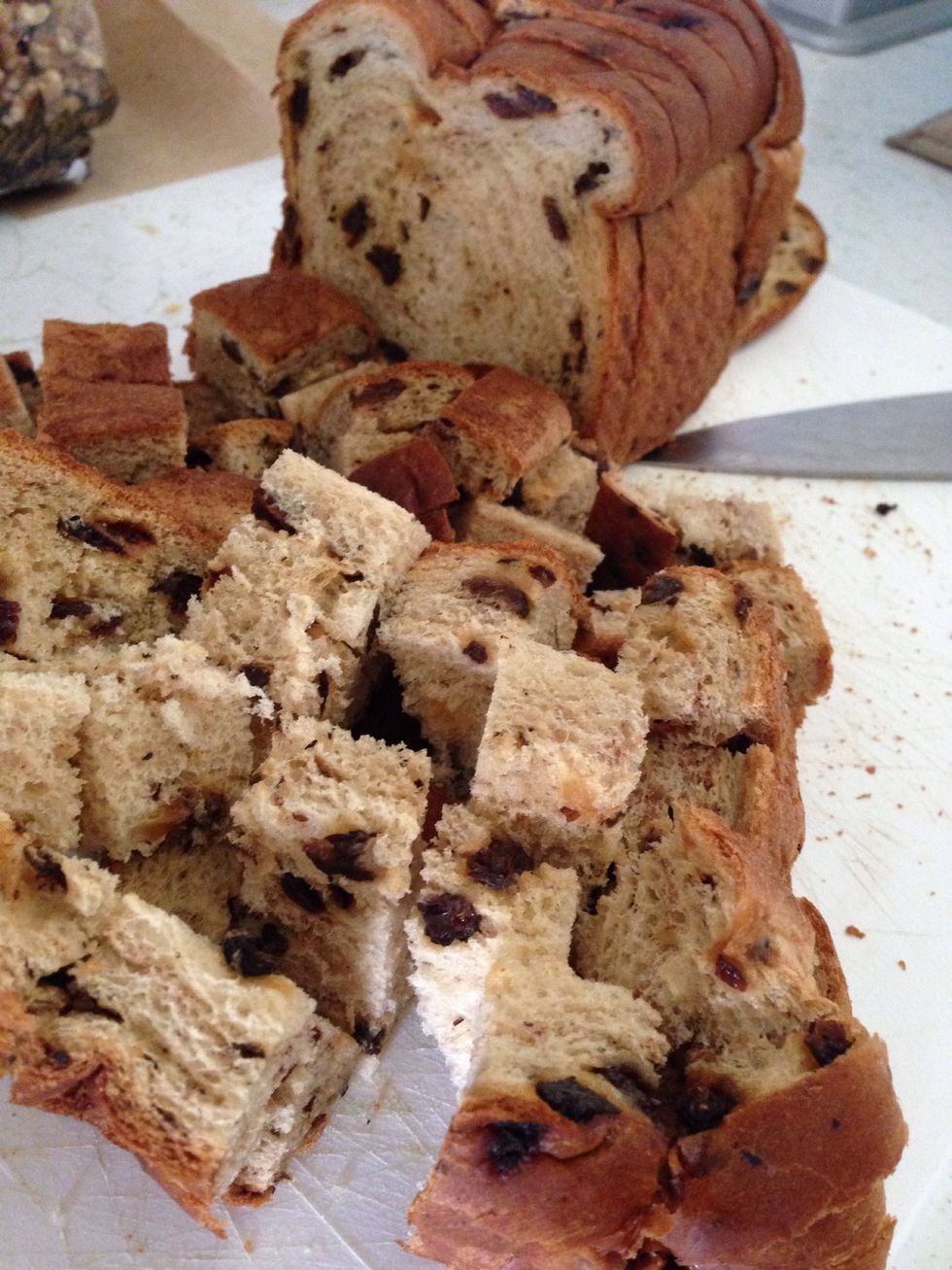 Cubed the raisin bread.