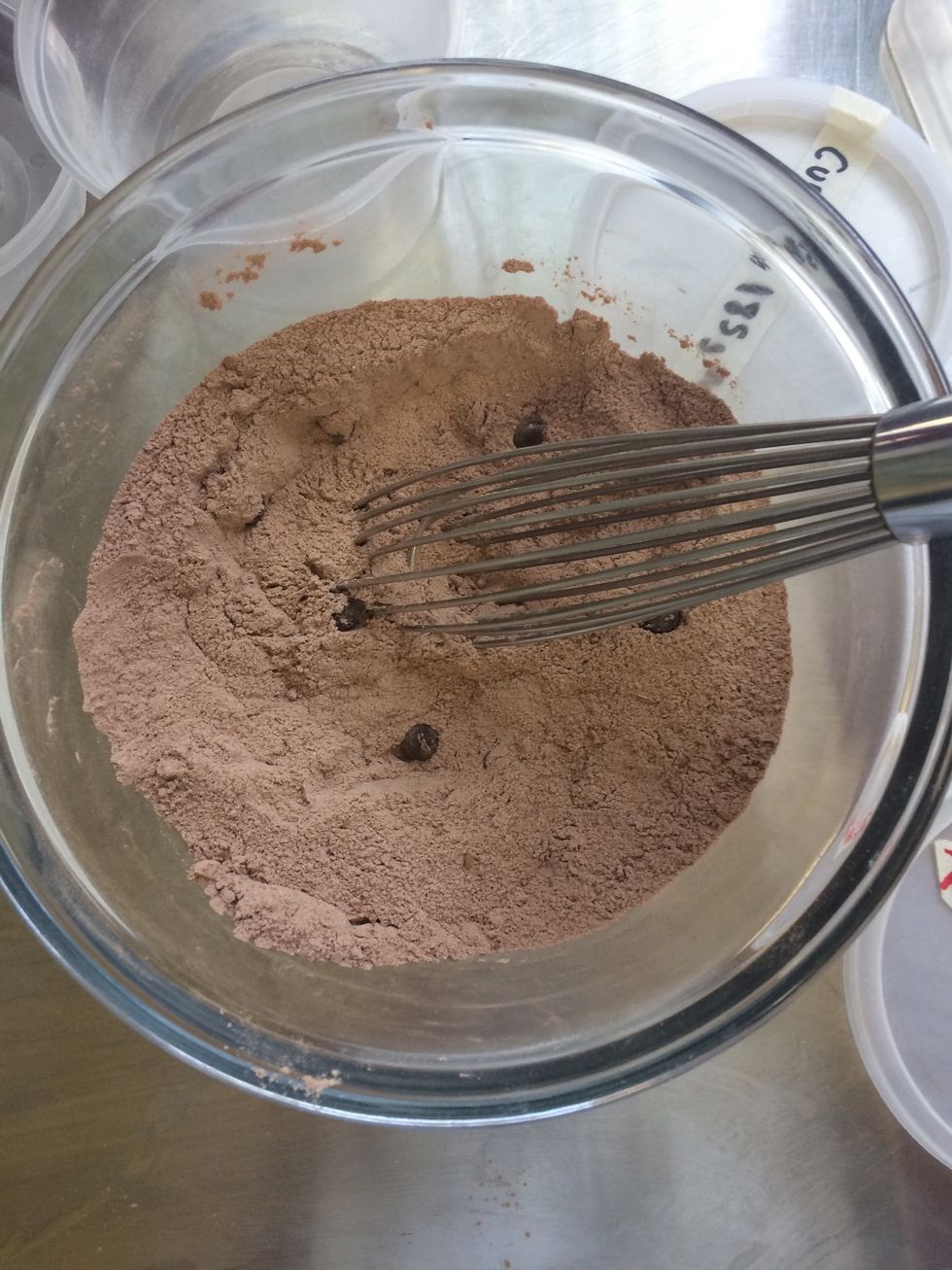 CUPCAKES: Mix dry ingredients together (including chocolate chips) in a bowl.