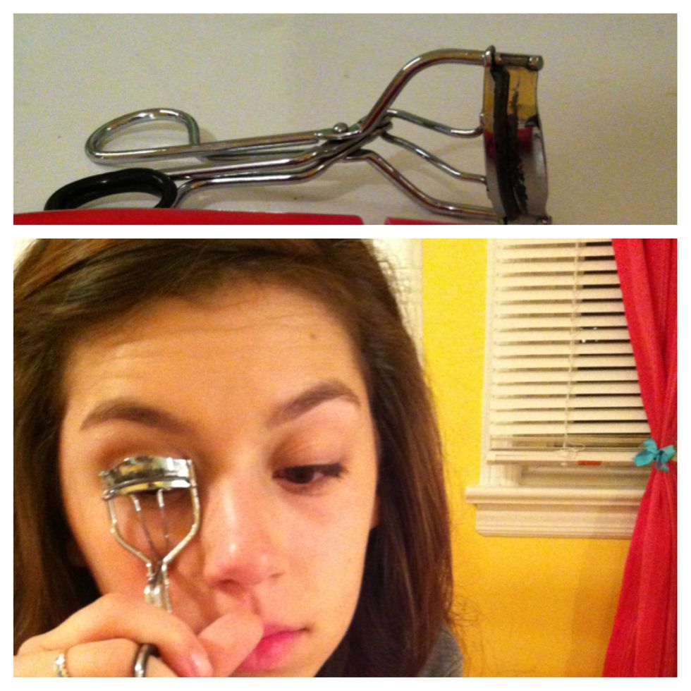 Curl lashes with an eyelash curler by placing it right at the rots of your lashes and squeezing the handles together, hold for 6 seconds for each eye.